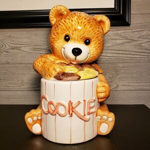 Vintage Welcome Taiwan Ceramic Teddy Bear Cookie Jar Brown Glossy Retro Kitsch